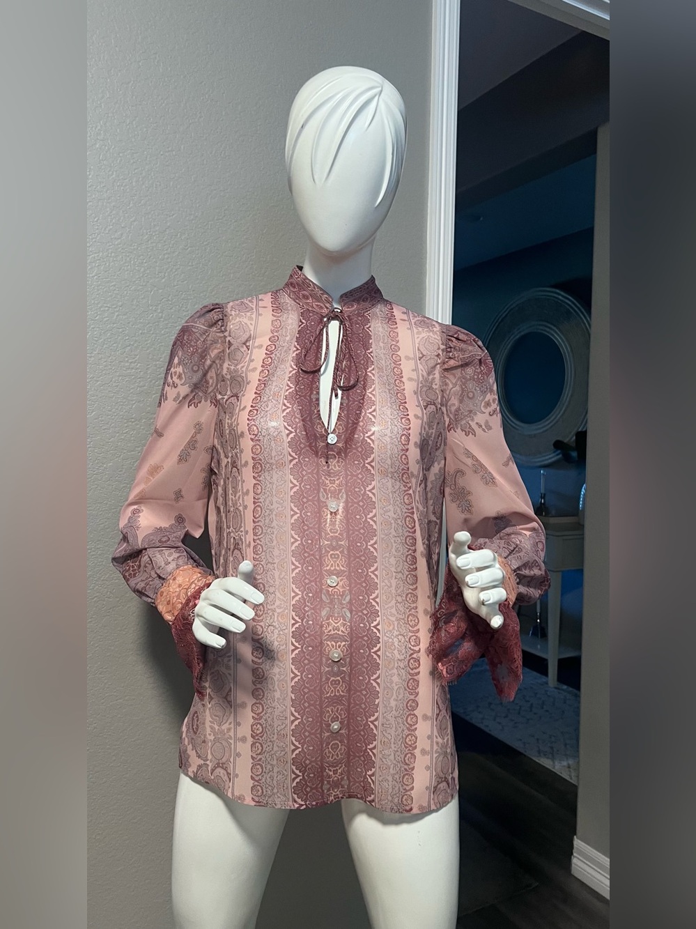 Long Sleeves Vintage Print Sheer Floral Bow-Tie Blouse by the brand Futario. M